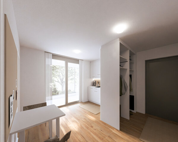 Modernes Doppelstudio im Studierendenwohnheim der HOK. Eingangsbereich mit Blick in die Küche | © Architekten Adamer°Ramsauer 