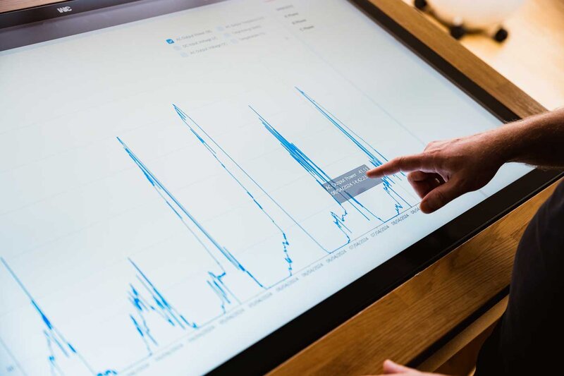 Finger zeigt auf Energiediagramm mit Leistungsdaten auf Touchscreen im Sustain & Estate Lab der HOK.