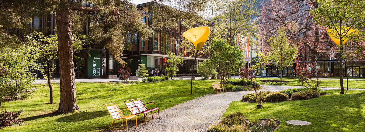 Sonniger Campuspark mit bunten Sitzgelegenheiten und modernem Hochschulgebäude im Hintergrund