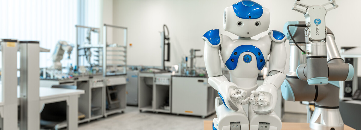 Humanoider Roboter und kollaborativer Roboterarm stehen im Automation Lab der HOK.