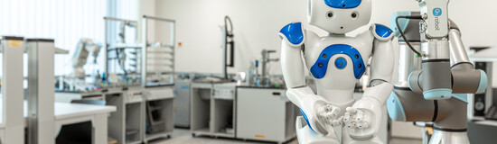 Humanoider Roboter und kollaborativer Roboterarm stehen im Automation Lab der HOK.