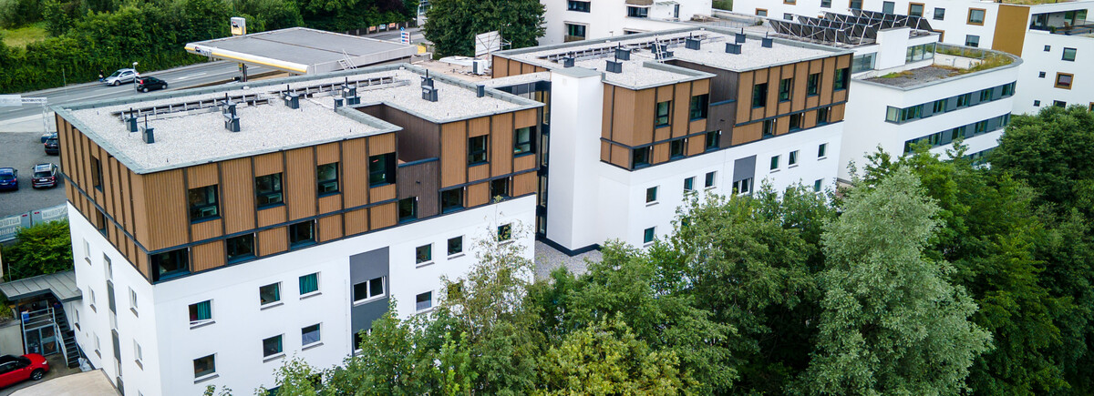 Drohenansicht der Gebäude A, B und C der International Student Residence der HOK.