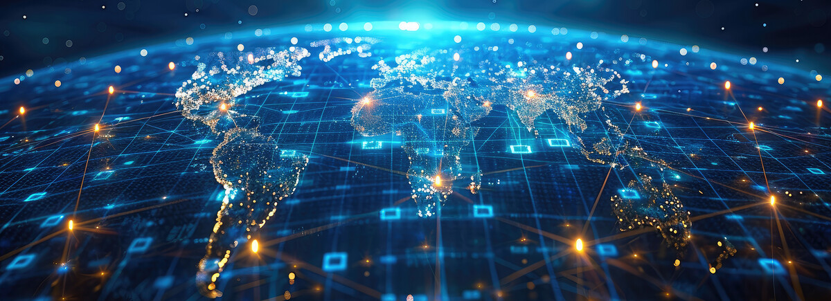 Digitale Weltkarte mit leuchtenden Verbindungslinien und Datenpunkten, die globale Vernetzung und Kommunikation darstellen.