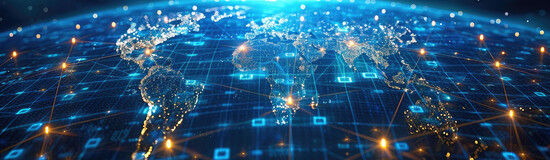 Digitale Weltkarte mit leuchtenden Verbindungslinien und Datenpunkten, die globale Vernetzung und Kommunikation darstellen.