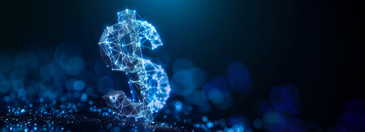 Leuchtendes digitales Dollarzeichen aus blauen Lichtpunkten und Linien, das aus einem Netzwerk aus Datenverbindungen geformt ist.