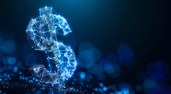 Leuchtendes digitales Dollarzeichen aus blauen Lichtpunkten und Linien, das aus einem Netzwerk aus Datenverbindungen geformt ist.