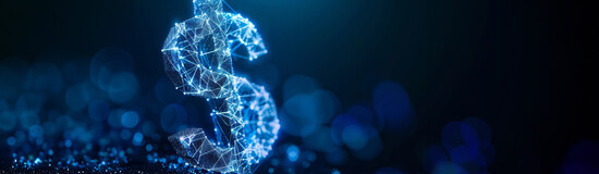 Leuchtendes digitales Dollarzeichen aus blauen Lichtpunkten und Linien, das aus einem Netzwerk aus Datenverbindungen geformt ist.