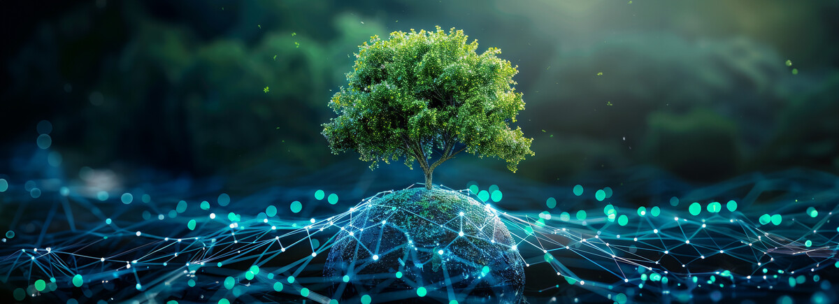 Grüner Baum wächst auf einer vernetzten digitalen Erde – Verbindung von Nachhaltigkeit und technologischer Innovation.