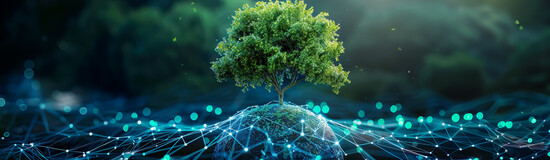 Grüner Baum wächst auf einer vernetzten digitalen Erde – Verbindung von Nachhaltigkeit und technologischer Innovation.