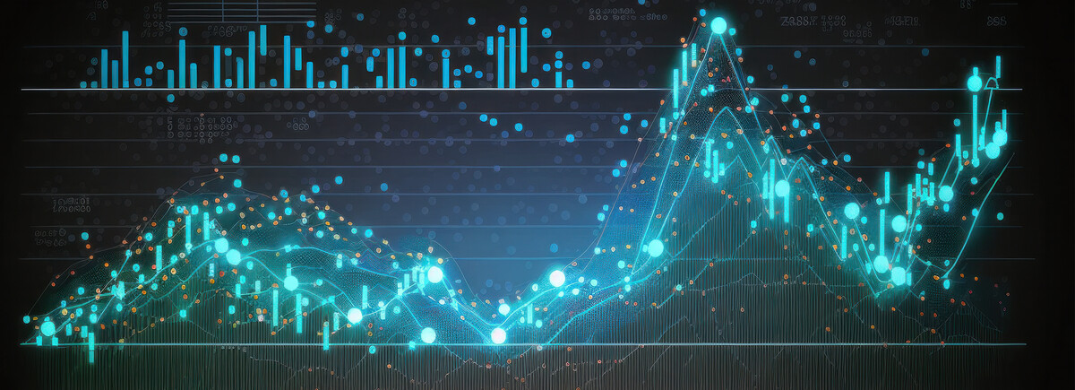 Digitale Datenvisualisierung mit leuchtenden Diagrammen, Linien und Punkten auf dunklem Hintergrund, Symbol für Big Data und Analyse. KI-generiert.