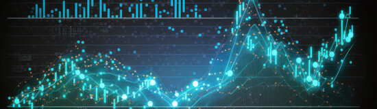 Digitale Datenvisualisierung mit leuchtenden Diagrammen, Linien und Punkten auf dunklem Hintergrund, Symbol für Big Data und Analyse. KI-generiert.