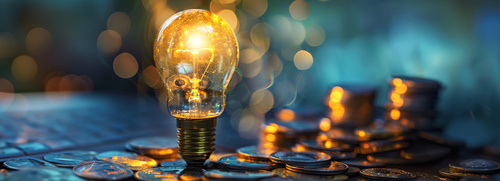Leuchtende Glühbirne steht auf Münzen, Symbol für Innovation, Ideenreichtum und wirtschaftlichen Erfolg. | © AdobeStock.Papisut | KI-generiert