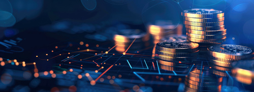 Goldene Münzen auf digitalem Hintergrund mit Netzwerkverbindungen und Lichtpunkten, Symbol für Finanzen und digitale Investments. | © AdobeStock.FutureStock | KI-generiert