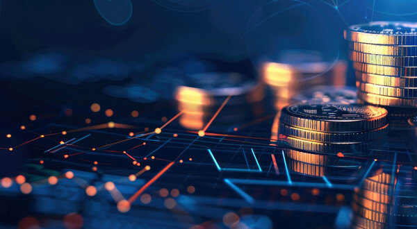 Goldene Münzen auf digitalem Hintergrund mit Netzwerkverbindungen und Lichtpunkten, Symbol für Finanzen und digitale Investments.