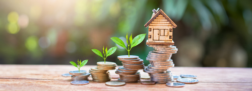 Nachhaltige Investments und Immobilienentwicklung – Münzstapel mit wachsenden Pflanzen und Hausmodell als Symbol für verantwortungsvolle Vermögensbildung bei der Sustain & Estate Winterschool der HOK. | © AdobeStock.guy2men