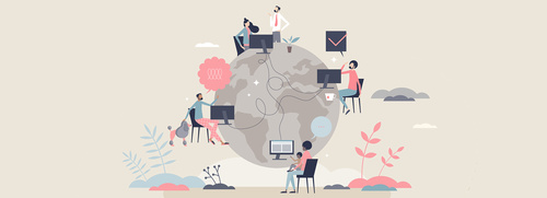 Illustration von Menschen, die über Computer rund um den Globus miteinander verbunden sind, Symbol für vernetztes Arbeiten und digitale Zusammenarbeit. | © AdobeStock.VectorMine