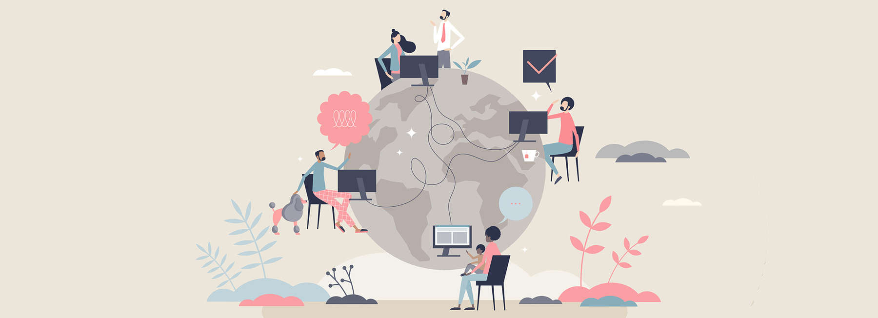 Illustration von Menschen, die über Computer rund um den Globus miteinander verbunden sind, Symbol für vernetztes Arbeiten und digitale Zusammenarbeit.
