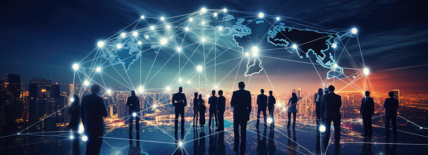 Silhouetten von Personen vor einer leuchtenden Weltkarte mit digitalen Linien – Symbol für globale Vernetzung, Kooperation und Austausch.