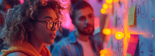 Zwei Personen stehen vor einem Whiteboard mit Notizen und farbigen Lichtern – kreative Zusammenarbeit und Entwicklung neuer Ideen. | ©  AdobeStock.Amonthep | KI-generiert