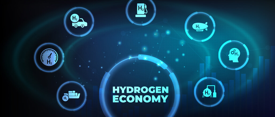 Grafische Darstellung der Wasserstoffwirtschaft mit Symbolen zu Energie, Mobilität und Forschung – Sinnbild für nachhaltige Innovation und Ausbildung in der Wasserstofftechnologie. | © AdobeStock.Pongsakorn