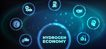 Grafische Darstellung der Wasserstoffwirtschaft mit Symbolen zu Energie, Mobilität und Forschung – Sinnbild für nachhaltige Innovation und Ausbildung in der Wasserstofftechnologie.