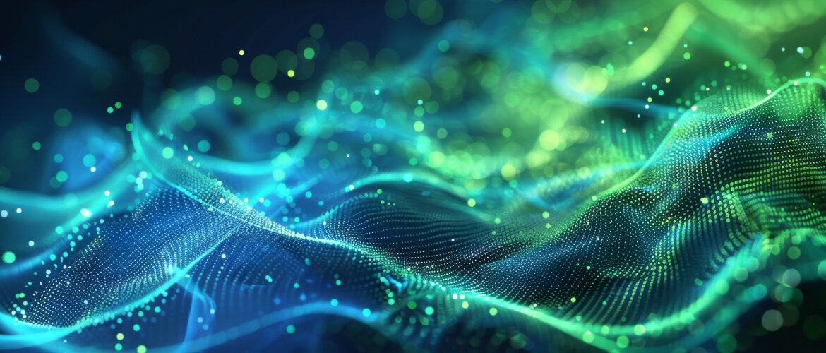 Abstrakte Darstellung fließender digitaler Wellen in Blau- und Grüntönen – Symbol für datenbasierte Energieeffizienz und KI-gestützte Nachhaltigkeit in industriellen Prozessen. | © AdobeStock.Di | KI-generiert