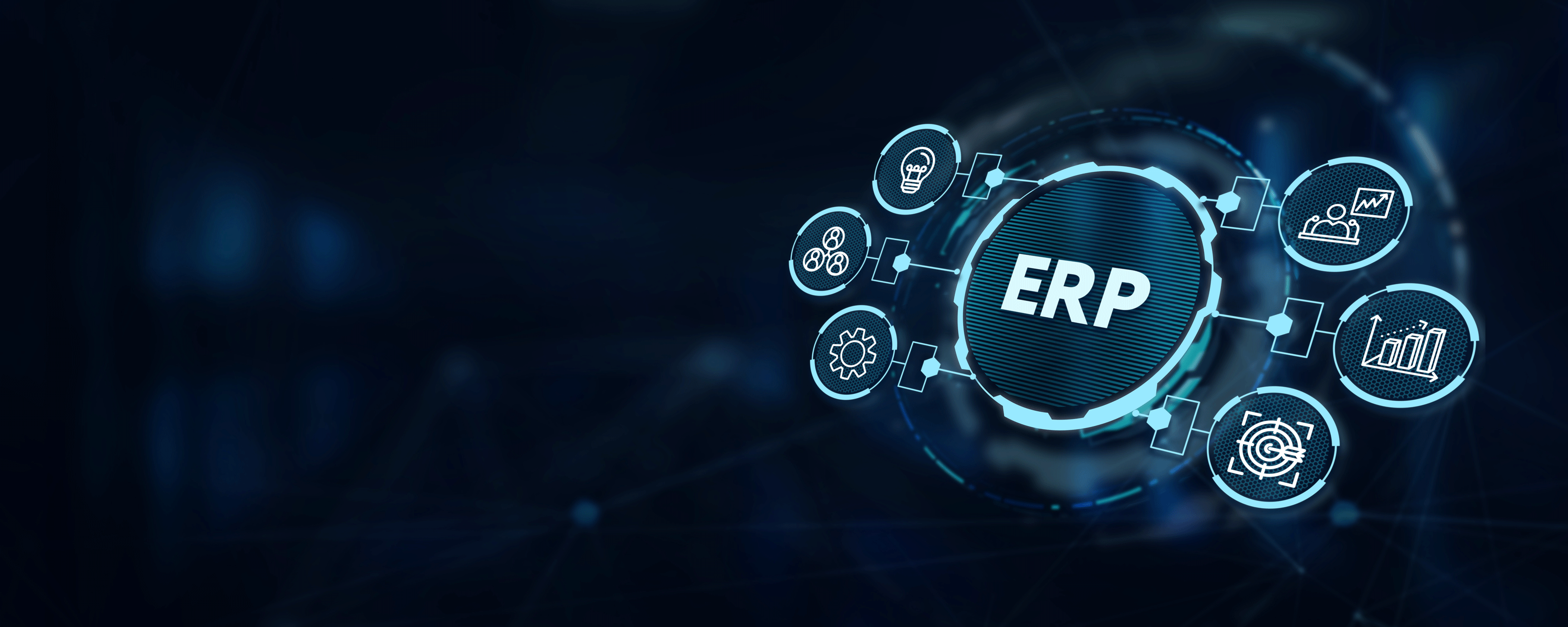 Digitale Grafik mit dem Schriftzug ERP in der Mitte, umgeben von Symbolen für Geschäftsprozesse, Innovation, Analyse und Management. | ©  AdobeStock.photonphoto