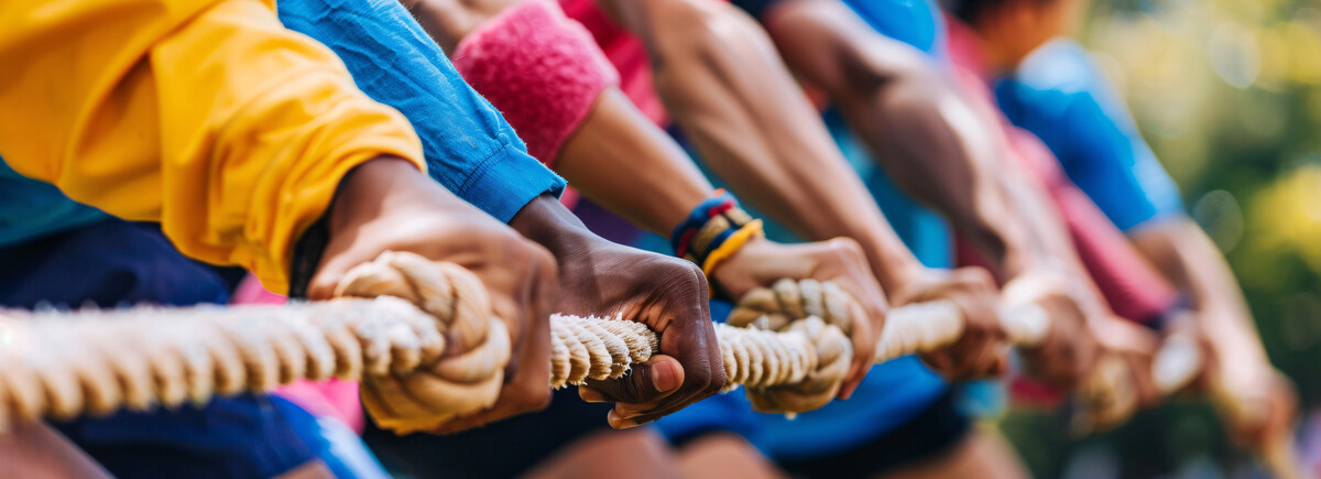 Mehrere Personen ziehen gemeinsam an einem Tau – Sinnbild für Teamgeist, Kooperation und nachhaltige Entwicklung durch Sport