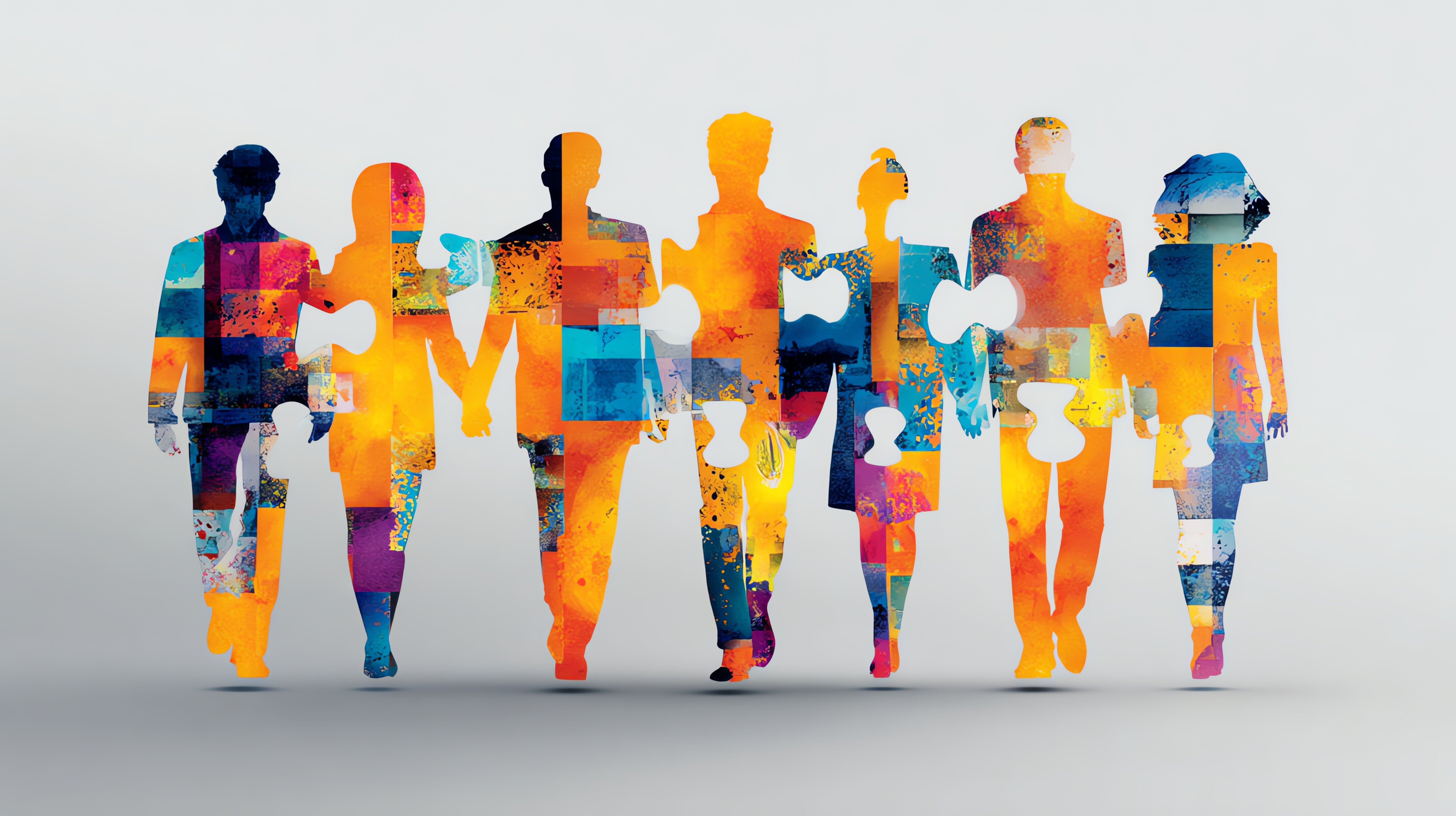Silhouetten einer vielfältigen Gruppe, als farbige Puzzleteile verbunden – Symbol für Zusammenhalt, Inklusion und kollaborative Teamarbeit | © AdobeStock.Pug | KI-generiert