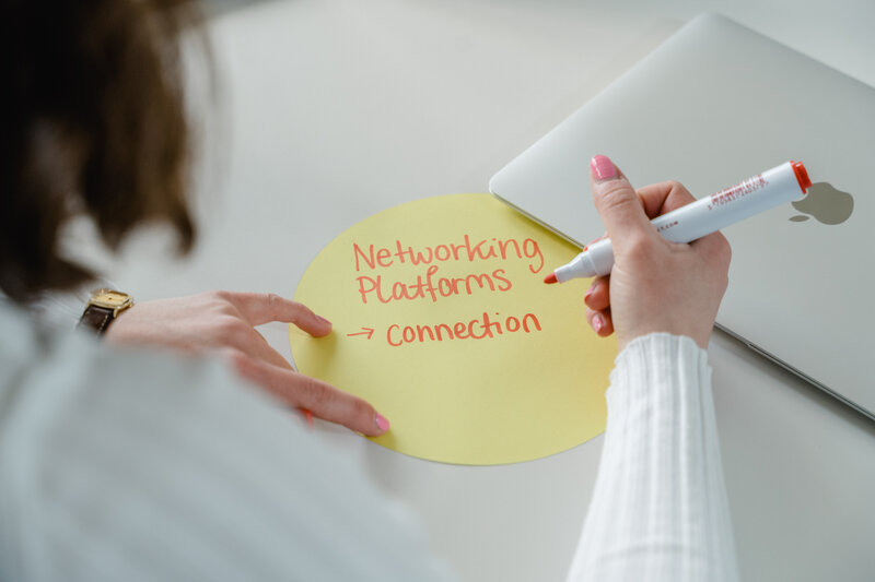 Hand schreibt den Begriff „Networking Platforms – Connection“ auf eine runde Karte – Symbol für Austausch, Kooperation und digitale Netzwerke.