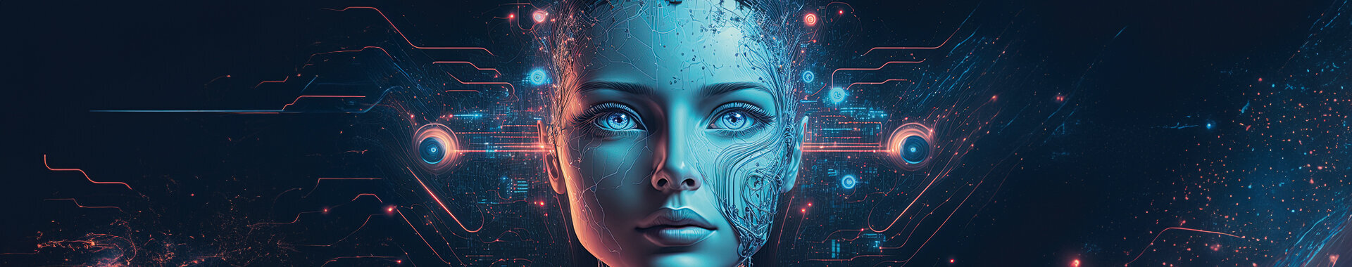 Futuristische Darstellung eines humanoiden Gesichts mit leuchtenden Augen und digitalen Schaltkreisen, Symbol für künstliche Intelligenz.