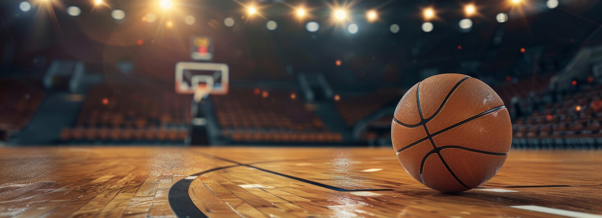 Basketball auf einem beleuchteten Spielfeld in einer Halle – Symbol für Teamgeist, Bewegung und sportliche Dynamik. 