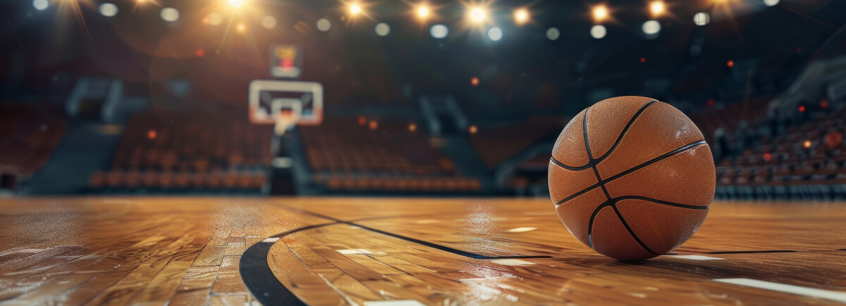 Basketball auf einem beleuchteten Spielfeld in einer Halle – Symbol für Teamgeist, Bewegung und sportliche Dynamik.