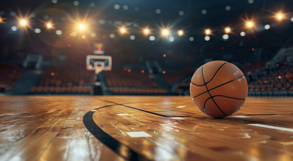 Basketball auf einem beleuchteten Spielfeld in einer Halle – Symbol für Teamgeist, Bewegung und sportliche Dynamik.
