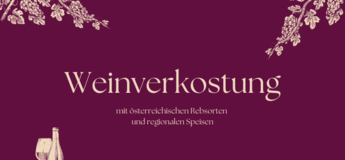 violetter Hintergrund mit Schriftzug und Weintrauben + Weinflasche
