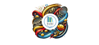 Logo kubi in der Mitte und rund  herum verschiedene Spielzeuge