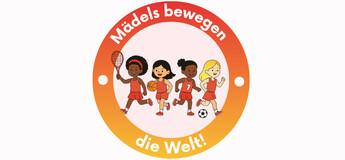 Ein gelber Hintergrund mit Schrift im Vordergrund und vier Comic-Figuren von Mädchen beim Sport.