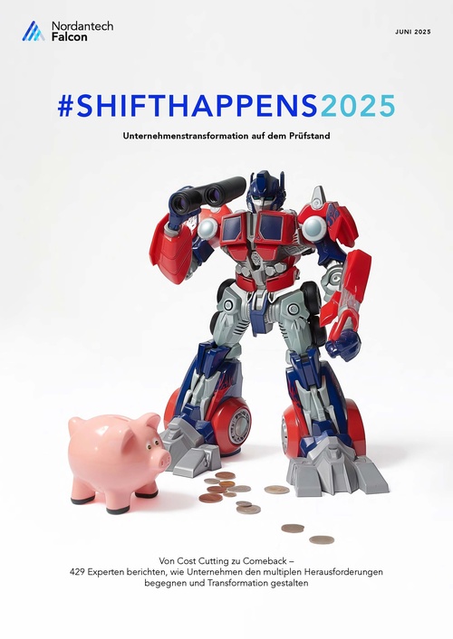 Cover der Studie Shifthappens 2025 - Unternehmenstransformation auf dem Prüfstand. Darauf zu sehen ein Spielzeug-Transformer-Roboter, ein rosafarbenes Sparschwein und ein paar Münzen