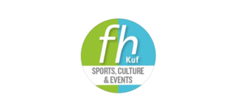 Blau, grünes FH Logo mit einem Sports, Culture & Event Schriftzug