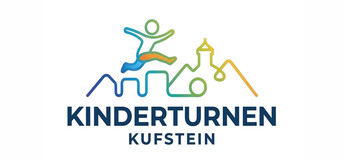 Abbildung mit springender Figur, Berg- und Stadtsilhouette in blau, grün und gelb.