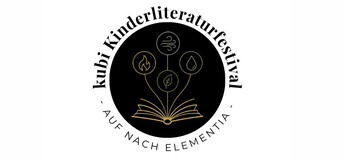 Kreisförmige Abbildung mit einem Buch und Piktogramme für die Elemente Feuer, Wasser, Luft & Erde