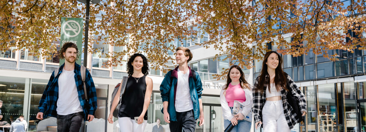 Fünf Studierende gehen gemeinsam über den Campus bei Frühlingswetter