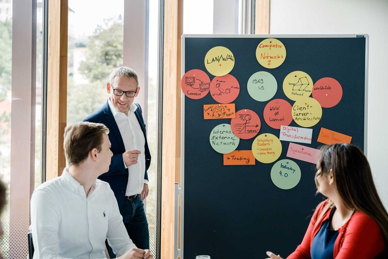 Dozent der HOK erläutert Studierenden Seminarinhalte an einer Pinnwand mit Notizen