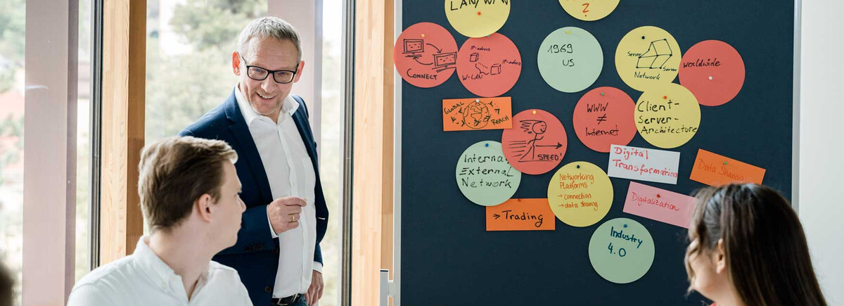 Dozent der HOK erläutert Studierenden Seminarinhalte an einer Pinnwand mit Notizen