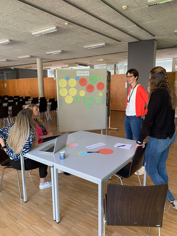 Teilnehmerinnen stehen um den Tisch und vor einem Flipchart