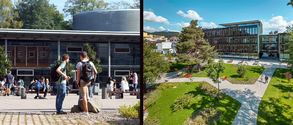 Zwei Bilder von jeweils dem Campus der HOK und dem Campus Schmalkalden mit Studierenden.