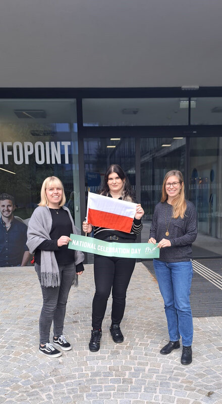 Zwei Mitarbeiterinnen mit einer Austauschstudierenden aus Polen stehen mit Schild unf Flagge vor dem FH Gebäude