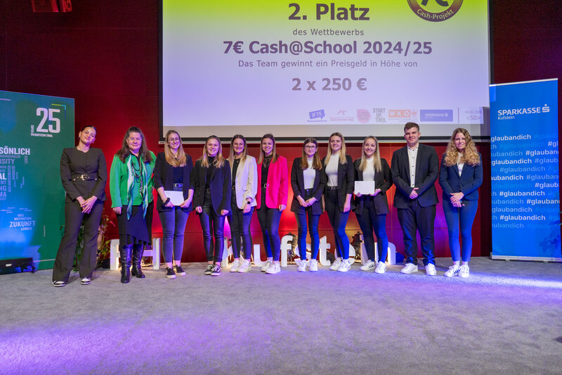 Die Gewinner:innen des 2. Platzes des Wettbewerbs, zusammen mit den Moderatorinnen Sophie Hemetsberger und Ivana Filipovic.