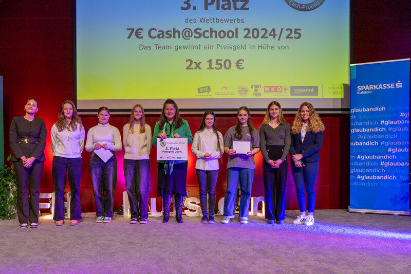 Die Gewinner des 3. Platzes des Wettbewerbs, zusammen mit Karin Steiner und den beiden Moderatorinnen Sophie Hemetsberger und Ivana Filipovic.
