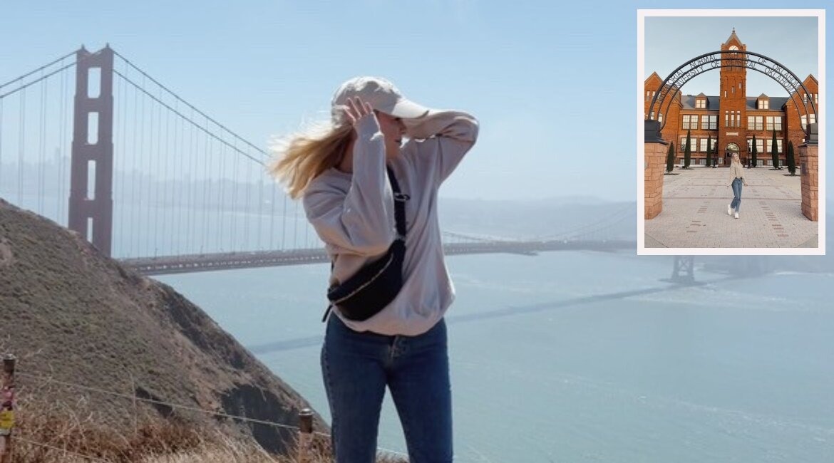 Großes Bild: Sandra Dietmayr vor der Golden Gate Bridge in San Francisco, kleines Bild: Sandra direkt vor der Universität in Edmond.